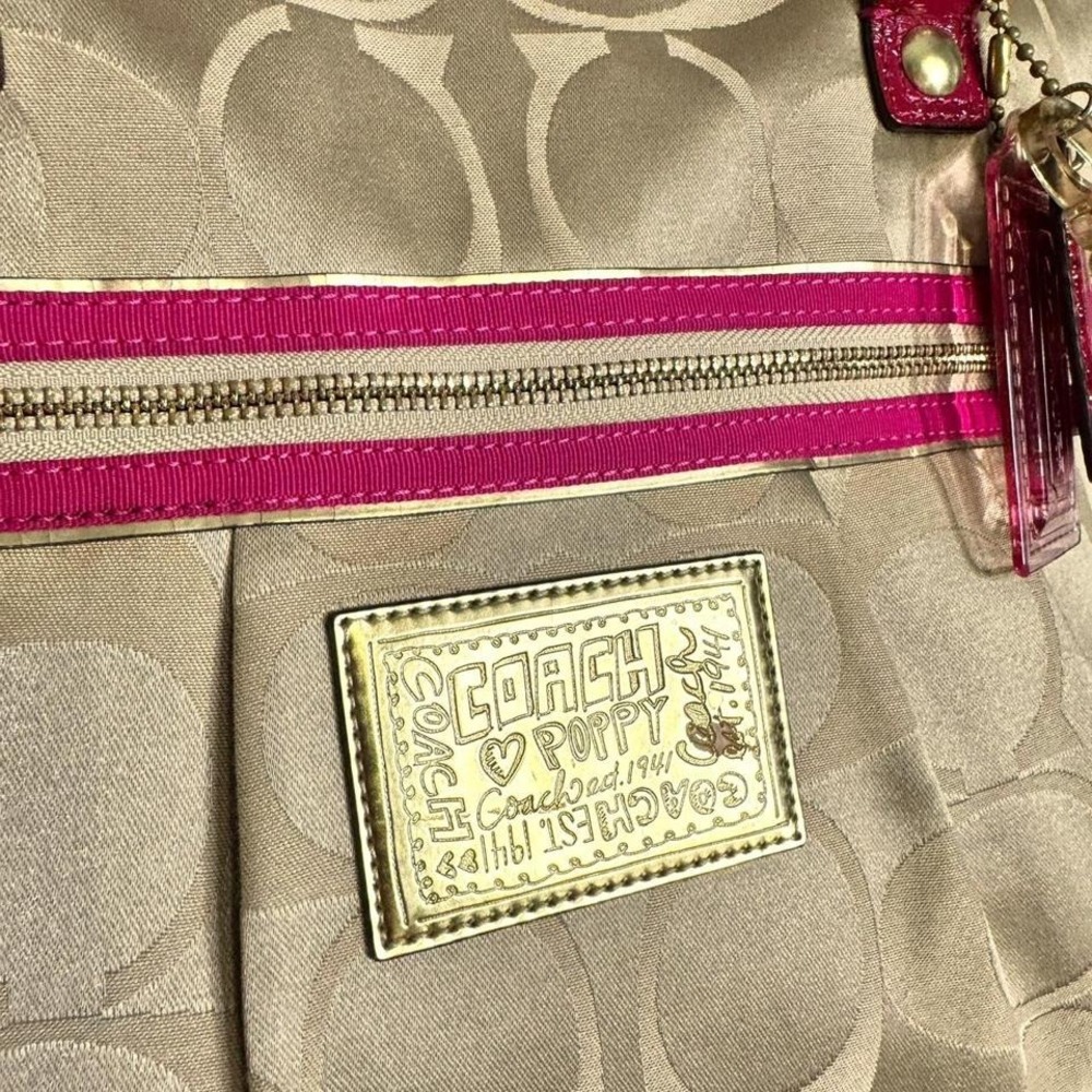 Y2k Coach Poppy Signature Khaki Gold Pink Large Tote‎ Shoulder Bag Glam - Picture 8 of 9